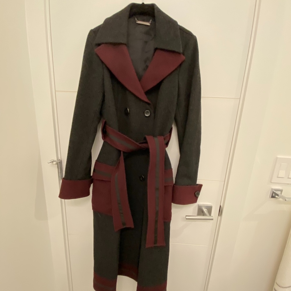 Womens Two-Tone Wool-Blend Trench Coat - Charcoal & Burgundy